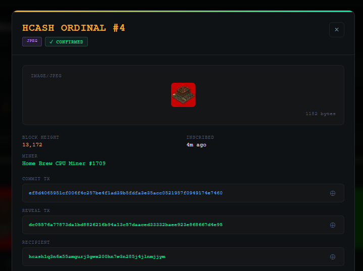 BitBeard1's tweet photo. Worlds first Ordinal on the HCASH testnet.

Your Avalanche miner NFT can now live on the HCASH Bitcoin chain as an ordinal.

Lock → Inscribe → Burn to reclaim.

No wrapping. No custodians. The burn is verified on-chain before your NFT is released. https://t.co/roHomknTmB