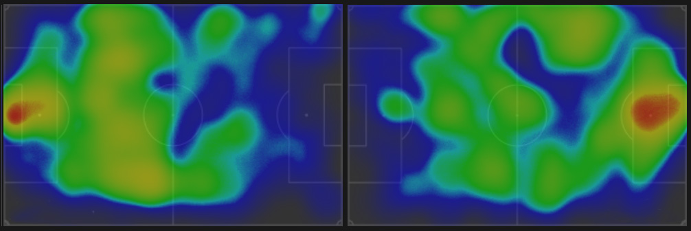 bil_prag's tweet photo. you shared a lot of photos from the game, in every one of them PSG has 4-5 players defending a counterattack while a goal down. Was that smart and showing courage or fear of counterattacks?
in almost 140 minutes of football played PSG had 1 shot on target from open play, in 116 minute. The best attacking team in the world, and the only decent chance they created was from the counterattack.
i do think Arteta thought they would be more courageous and less risk averse, and there will be more space for counters. But knowing the state of the team, there was no way he would try to play a sprint forward, sprint back game against them.
Also didn't really think about it till now, two games where a team scored early, but one game was called a masterclass by Luis Enrique, and one was called low block fear by Arteta. 
By these two heatmaps, which one was which?