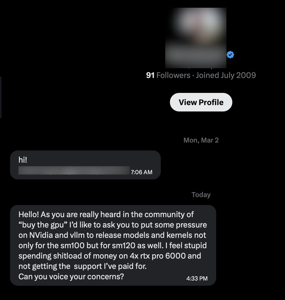 TheAhmadOsman's tweet photo. Guys, just a reminder that WE ALL have to speak up and ask NVIDIA to put more effort &amp; focus on the sm120 and sm121

I am just like you annoyed with this situation for the RTX PRO 6000s and DGX Sparks

But I also believe if we all voice this they'll hear us &amp; do the right thing https://t.co/E28C9S9Dh3