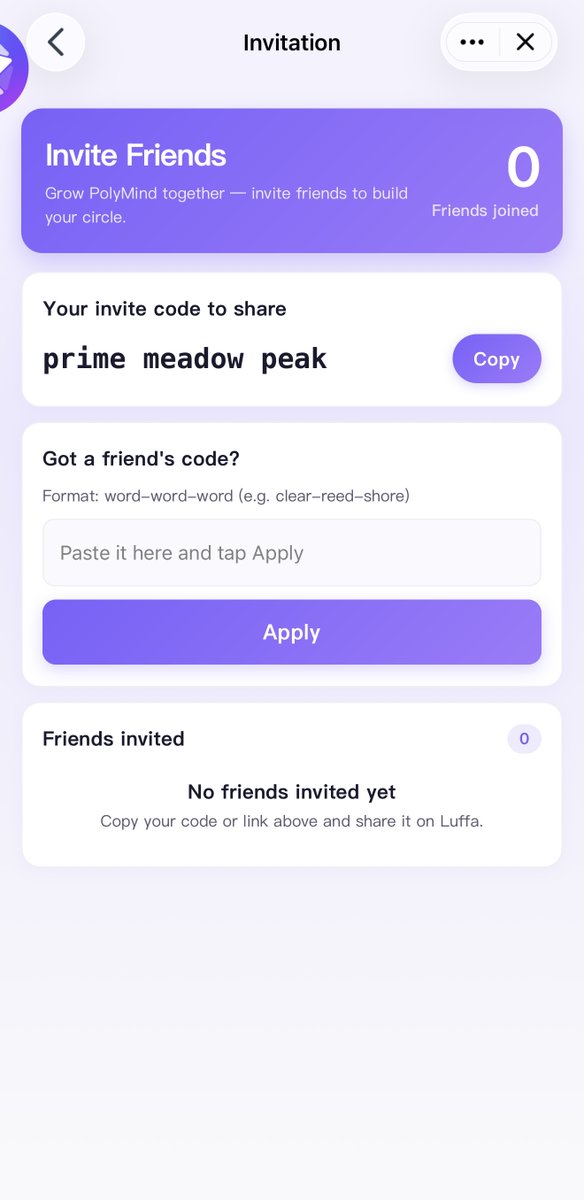 PolyMind_AIWeb3's tweet photo. How to share your invitation code?

Users can directly share a specific prediction event card with their friends.

When a friend clicks on the prediction event card you shared to access it, they will see red dots indicating the following three locations:
Tab bar > “My” > “Invite Menu” > “Invite Page” > Click “Accept Invite”

Invite 3 friends for their first bet & join the draw!
100 users win 100 EDS each. Ends June 11 – rewards after! 🔥
Tag them now!

#PolyMind #PredictionMarket