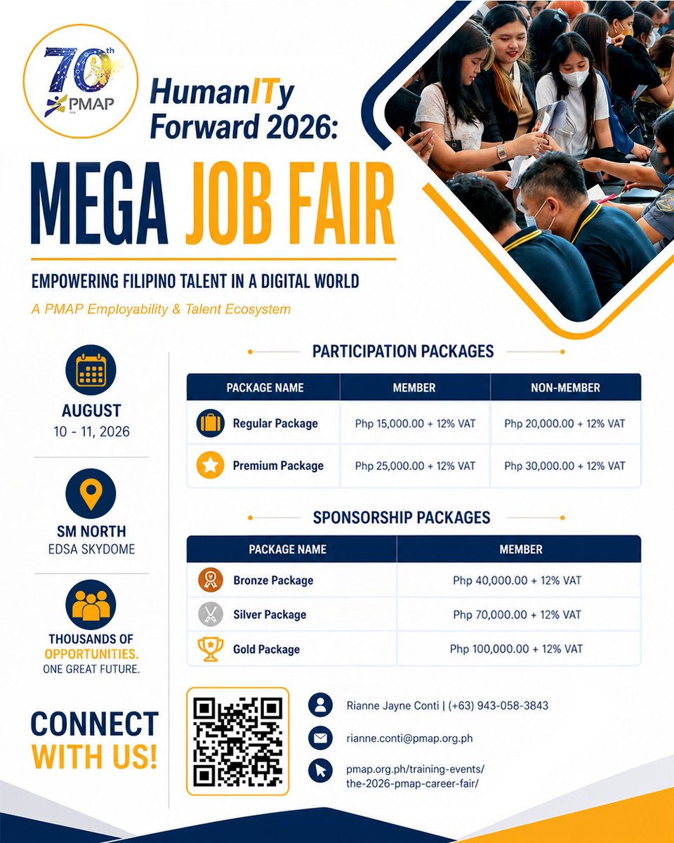 PMAP1956's tweet photo. ✨ Be where the future of talent connects. ✨

Following our landmark 70th Anniversary, the People Management Association of the Philippines (PMAP) invites your company to exhibit at the PMAP Mega Job Fair 2026! https://t.co/Yv2rTcUtGU. https://t.co/qWj5AqjwGu