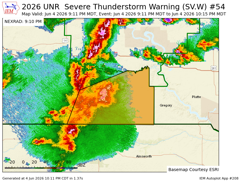 shawncable's tweet photo. UNR issues Severe Thunderstorm Warning [damage threat: CONSIDERABLE, wind: 70 MPH (OBSERVED), hail: 1.00 IN (RADAR INDICATED)] for Mellette, Todd, Tripp [SD] till Jun 4, 11:15 PM CDT https://t.co/xbAt9JPbky https://t.co/xER9COAEr2