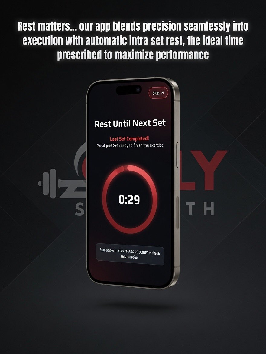 Only_Strength's tweet photo. If you don’t know how long to rest, say goodbye to gains

One key we built with our app is an automated, intra-set rest timer

Our founder, @Challenger_ST has spent a decade hounding athletes to REST

Now, we do it for you. We know it’s important, so we make it EASY https://t.co/zeprQq3E2z