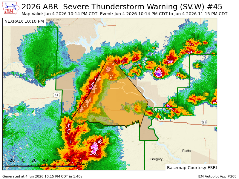 shawncable's tweet photo. ABR issues Severe Thunderstorm Warning [wind: 60 MPH (RADAR INDICATED), hail: 1.00 IN (RADAR INDICATED)] for Hughes, Jones, Lyman, Stanley [SD] till Jun 4, 11:15 PM CDT https://t.co/bFSzVPc86p https://t.co/niDRx4mZk3