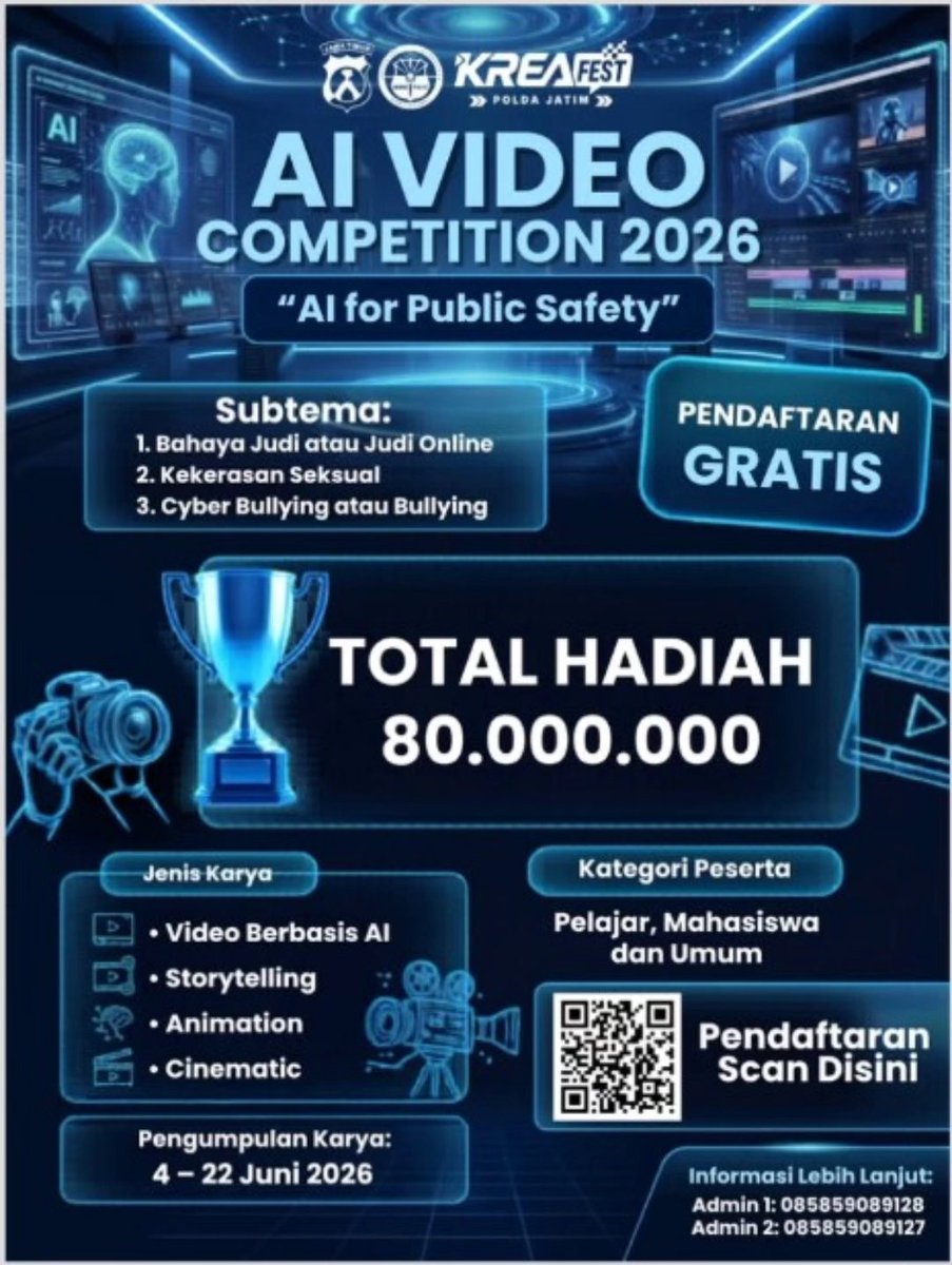 HumasGresik's tweet photo. kreafestpoldajatim Halo Sobat Jatim!
Dalam rangka Hari Bhayangkara ke-80 🎉 Humas Polda Jatim menyelenggarakan acara KREA FEST POLDA JATIM 2026… Lihat selengkapnya https://t.co/xYleDarkPL