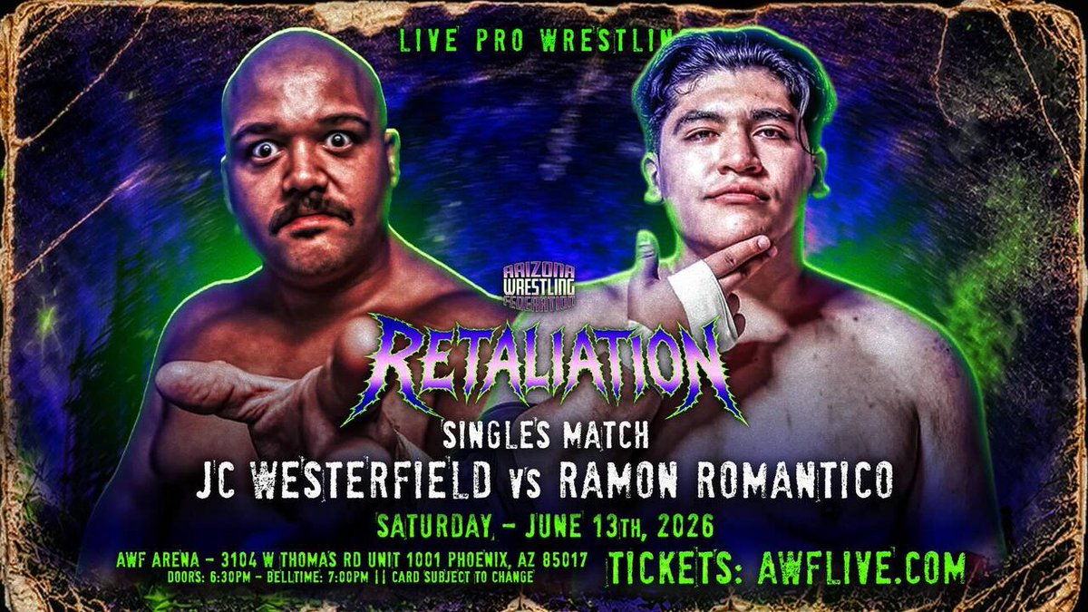 prowrestlingaz's tweet photo. SAT 6/13:  @jcwesterfieldpro vs @rromanticors at AWF HIGH VOLTAGE: #RETALIATION at the AWF Arena! TICKETS: https://t.co/gMY6WwiMCh https://t.co/RlKEgcNdUI