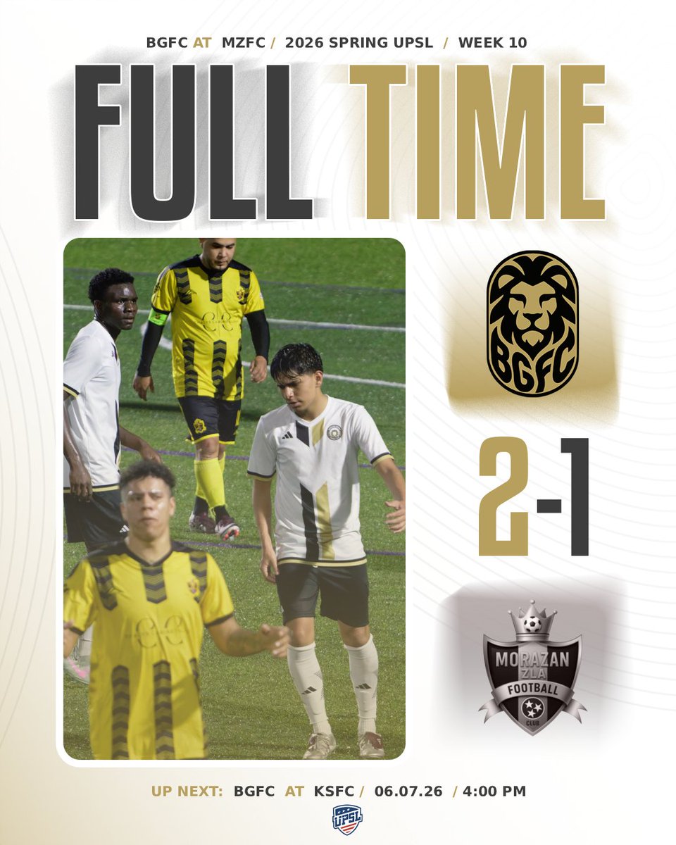 BGFClions's tweet photo. Full time in Nashville. 🦁
BGFC takes the rescheduled away match against MZFC, 2-1.
Kenasi opened the scoring in the first half, and Andrew Menjivar delivered the winner in the 93rd minute just before the final whistle.

Big result on the road. We move. https://t.co/lwhW4fGqZk
