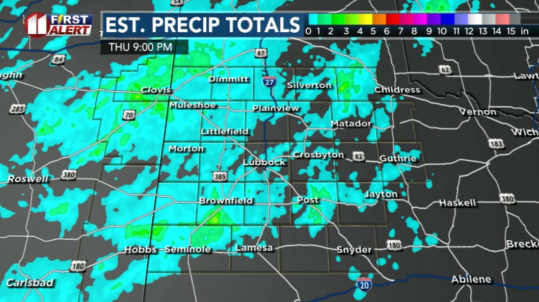 DivineWeather's tweet photo. 24-hour rain totals (inches) as of 9 PM CDT Thu:

2.73 Denver City
1.78 Seagraves
1.56 Lesley
1.20 Welch
1.17 Friona
0.69 Post
0.68 Lubbock Air
0.64 Amherst
0.57 Earth
0.51 Tahoka

Full list on my Fb page "Steve Divine KCBD"

📷  Doppler est. 24 hour rainfall as of 9 PM CDT Thu https://t.co/nJVGtxL3jC