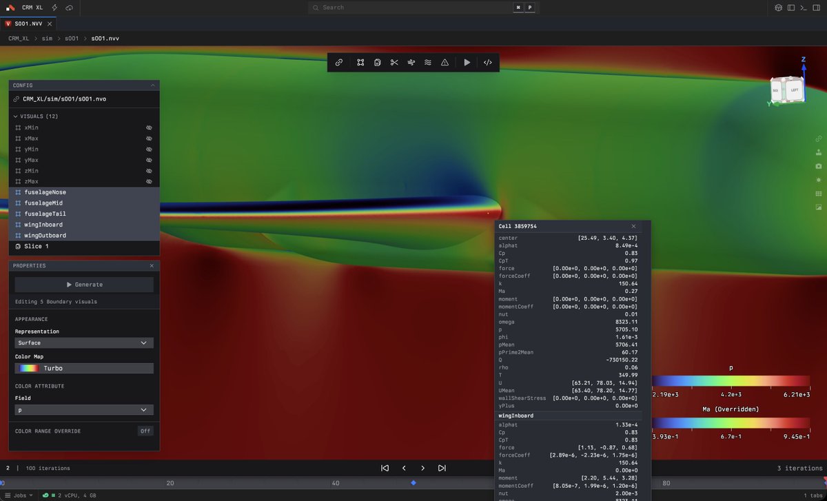 Evan_Kay's tweet photo. Another day, another feature shipped 🚀 

Visualizations are great, but engineers usually want the underlying numbers, peak pressures at a specific location, values to correlate against wind tunnel or test data.

Our platform now lets Engineers click any cell and pull every associated field value at that point. Works on large meshes, runs in the cloud.