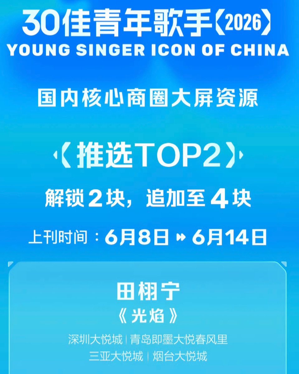 imxvning's tweet photo. tencent music chart :

the top 2 from each group will receive honorary promotional displays on large digital screens in shopping malls across china.

display period : june 8–14, 2026.

96–99 generation · core group — 
tian xuning, "flame light" 《光焰》

screens will be displayed at :
• shenzhen joy city
• qingdao jimo joy city spring breeze 
• sanya joy city
• yantai joy city
