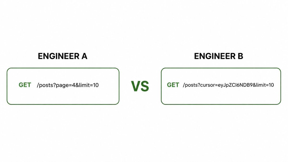 krunalbuilds's tweet photo. Senior Backend Interview Question:

Two engineers built pagination for 100 million users.

Engineer A 👇

GET /posts?page=4&limit=10

Engineer B 👇

GET /posts?cursor=eyJpZCI6NDB9&limit=10

Both work perfectly at 1,000 users.

At 100 million users, one of them makes your database cry.

Which one would you approve — and why?