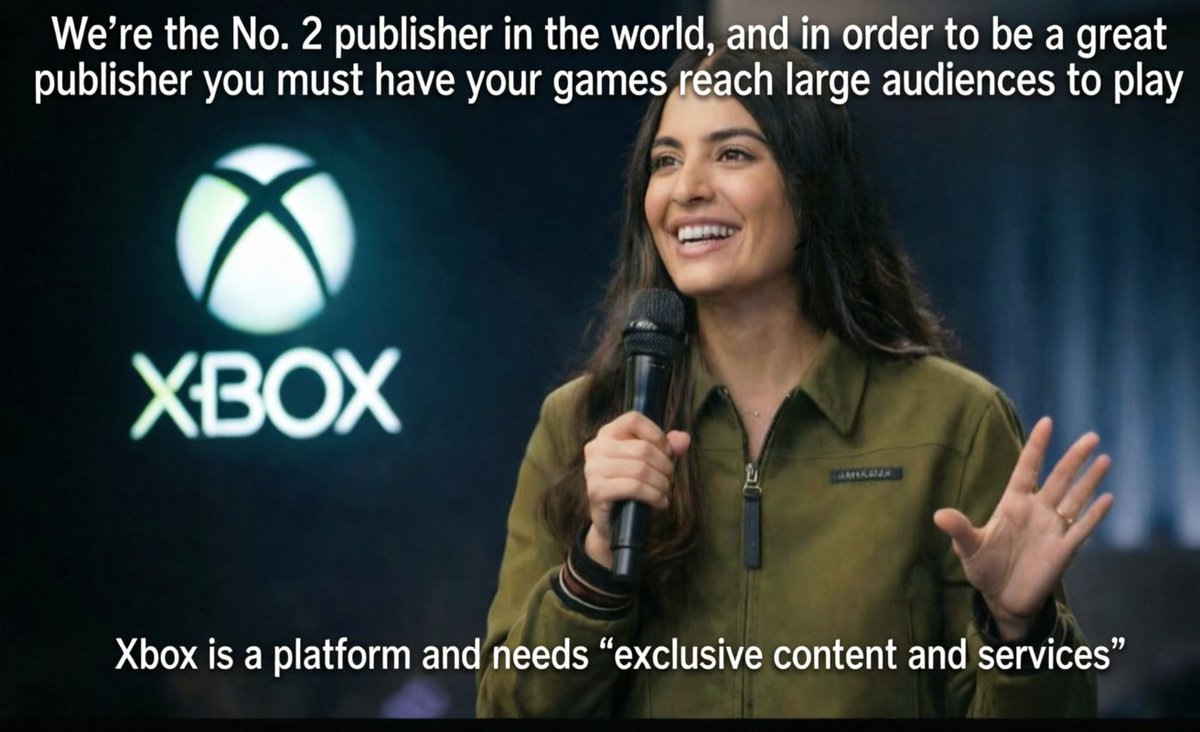 TTomcat98632's tweet photo. #Xbots think they are getting Exclusives back because of Asha Sharma's latest statement.

When in fact all it proves is #Xbox is NOT getting exclusives back. She said they MUST reach larger audiences (so PS5) and said xbox needs Exclusive CONTENT.

Didnt say Games
It said CONTENT https://t.co/7nL3KtbNJa