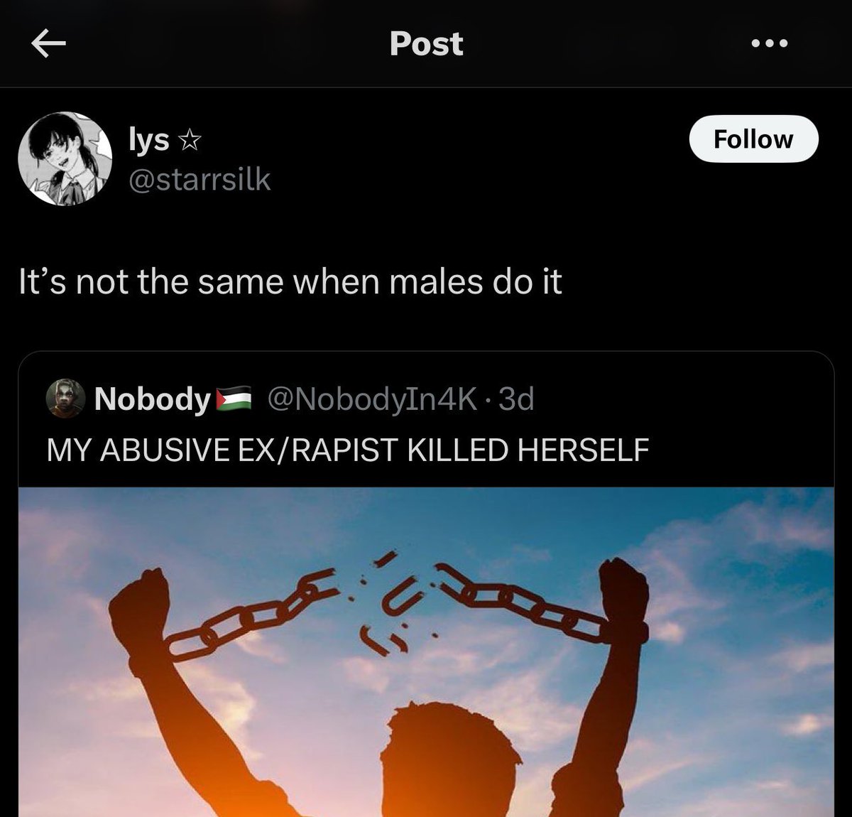 cooleopard50's tweet photo. Misogyny is definitely far more dangerous and rampant in society, I’ll never act like these two are the same, but I do need y’all to stop acting like it’s /okay/ to be a misandrist. Hold toxic men accountable. That’s literally as far as you need to go with it🤷🏿‍♂️

This just corny https://t.co/4pLDuD49cz