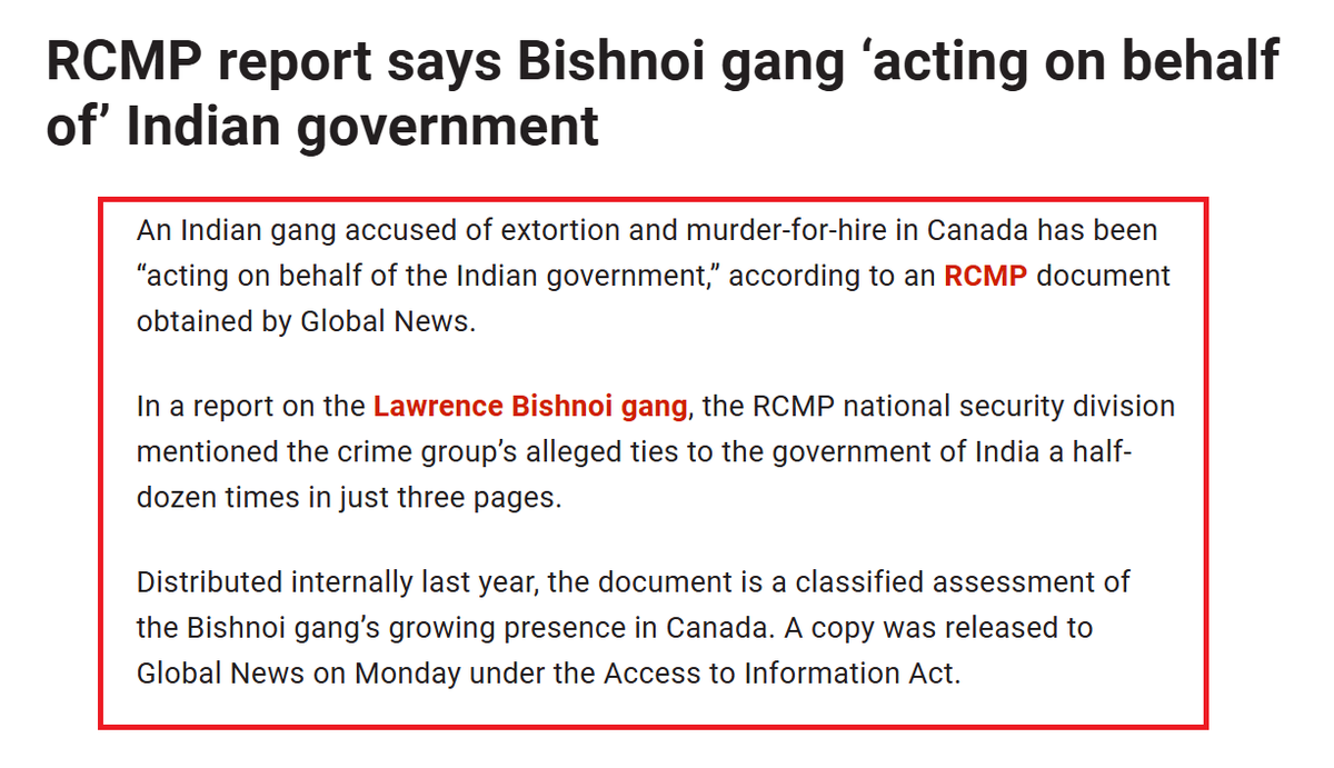 Indy_reporter_'s tweet photo. It gets even crazier.

According to a newly released intelligence assessment from the RCMP (Royal Canadian Mounted Police, Canada’s federal police service), obtained by Global News, Canada’s national police force described the Lawrence Bishnoi Gang as a violent international criminal organization involved in extortion, drug trafficking, money laundering, and contract killings.

The report also states that the gang has allegedly been "acting on behalf of the Indian government" while carrying out criminal activities in Canada.

RCMP investigators say the group's reach now extends across North America, Europe, and the Gulf states. Canadian authorities have linked the organization to extortion networks, shootings, and violence targeting members of Canada's South Asian community.

https://t.co/LGQWYIudY8