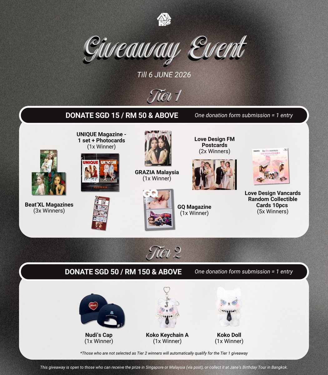 9779s_SGMY's tweet photo. 📢 (Update) #ProjectTo7Janeyeh
#janeeyeh 

✨ Total collected so far: 
SGD1,407 / RM4,358 (As of 4 June 2026)

Thank you everyone for the support!

🎯 Total goal: SGD1,920 / RM6,000
📅 Donation period: Till 6 June 2026
🔗 Donation form: https://t.co/BYJsmU0S3d

——

⭐️ Giveaway Event⭐️

📌 How to join: 
• Donate and submit the donation form: https://t.co/BYJsmU0S3d
• One donation form submission = 1 entry

🎁 Lucky winners will be randomly selected from the list 

📅 Giveaway event period: Till 6 June 2026 (11.59PM SGT/MYT) 

📝 This giveaway is open to those who can receive the prize in Singapore or Malaysia (via post), or collect it at Jane’s Birthday Tour in Bangkok