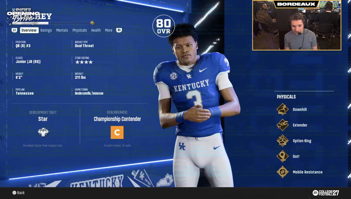 TristanUda's tweet photo. A first look at Kentucky Football and Will Stein in  @EASPORTSCollege College Football 27.

Kentucky’s ratings
Overall: 80
Offense: 81
Defense: 79

Will Stein has the Talent Developer archetype.

Beating Louisville is one of the annual contract goals.

🎥: Bordeaux/YT https://t.co/H2uvICjhWJ