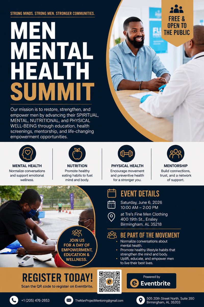 Tmanproject's tweet photo. Come join The Men’s Mental Health &amp; Wellness Summit as we build brotherhood, &amp; provide tools 4 men to thrive.
Saturday, June 7, 2026 
400 19th Street Ensley, Birmingham, AL
10:00 AM – 2:00 PM

Free Registration Available (Scan the QR Code) https://t.co/xzGQfKr8UQ