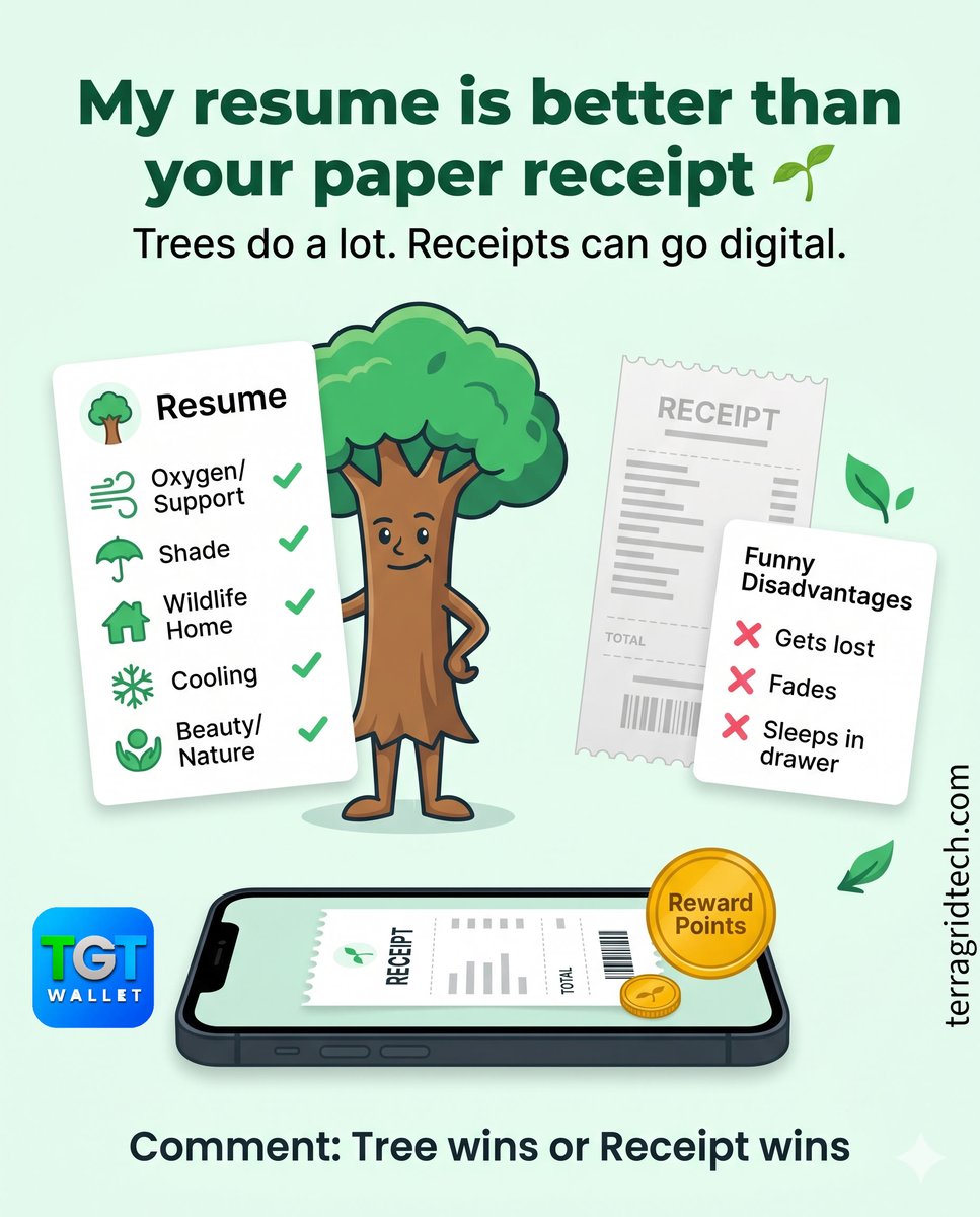 TerraGrid_TECH's tweet photo. My resume is better than your paper receipt 🌱

Let’s be practical, human.
Choose digital receipts with TGT.

#TGT #TreeWins #SaveTrees #DigitalReceipts #EcoFriendly #PaperlessReceipts #AQI #GreenTech #SustainableLiving #EcoCommunity https://t.co/URwDTFYImW