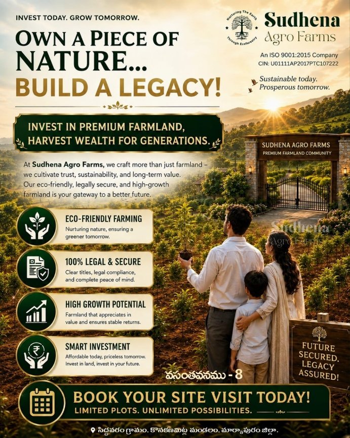 SudhenaL's tweet photo. 🌱 Own a Piece of Nature. Build a Legacy for Generations. 🌱

Invest in premium farmland with Sudhena Agro Farms – Vasanthavanam-8 and secure a future that grows with time.
Book Your Site Visit Today! #SudhenaAgroFarms #Vasanthavanam8 #FarmlandInvestment #InvestInLand https://t.co/tAwcbXS7SM