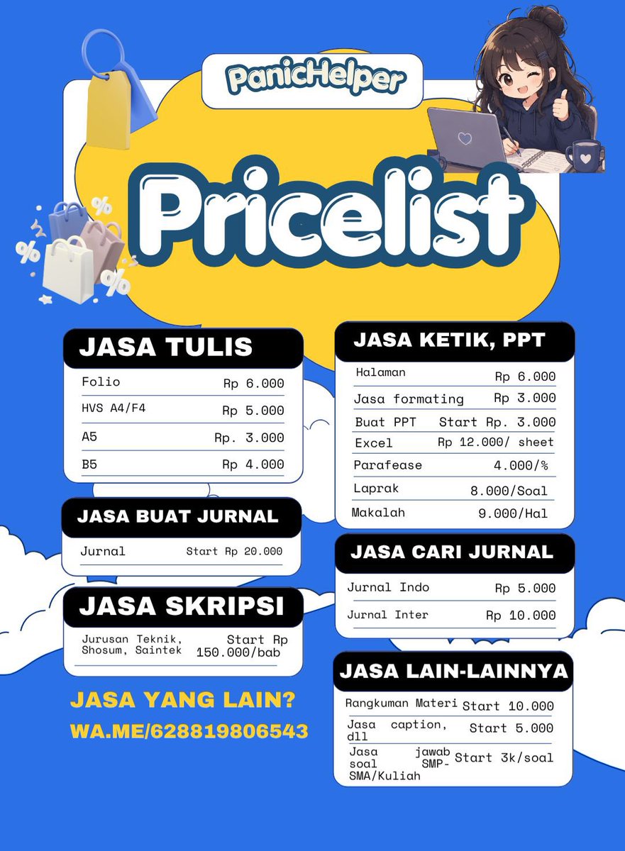 PanicHelperr's tweet photo. Open joki tugas jasa tugas ppt makalah ketik tulis dan lain lain yukk langsng wa ke detail ke https://t.co/Jdj2aLisgv atau cek @Panichelperrr atau @PanicHelperr untuk testimoniii https://t.co/UmMNsbXYRJ