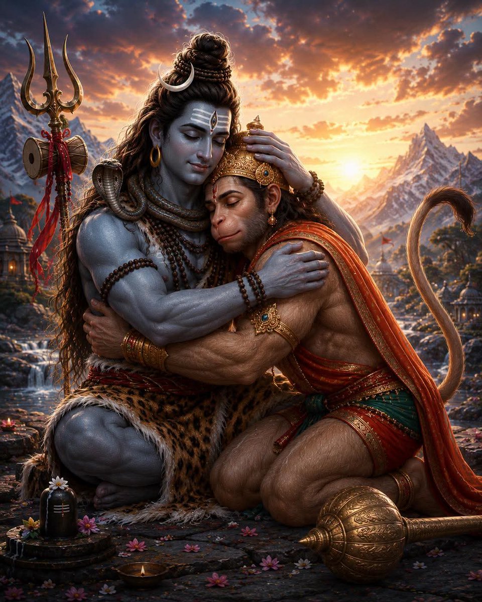 _VK86's tweet photo. 🙏 The Lord of Yogis embraces the Lord of Devotion—an eternal bond of strength, humility, and faith.
#ShivaHanuman #Bajrangbali #Mahadev #Bhakti https://t.co/tNdJv3o7No