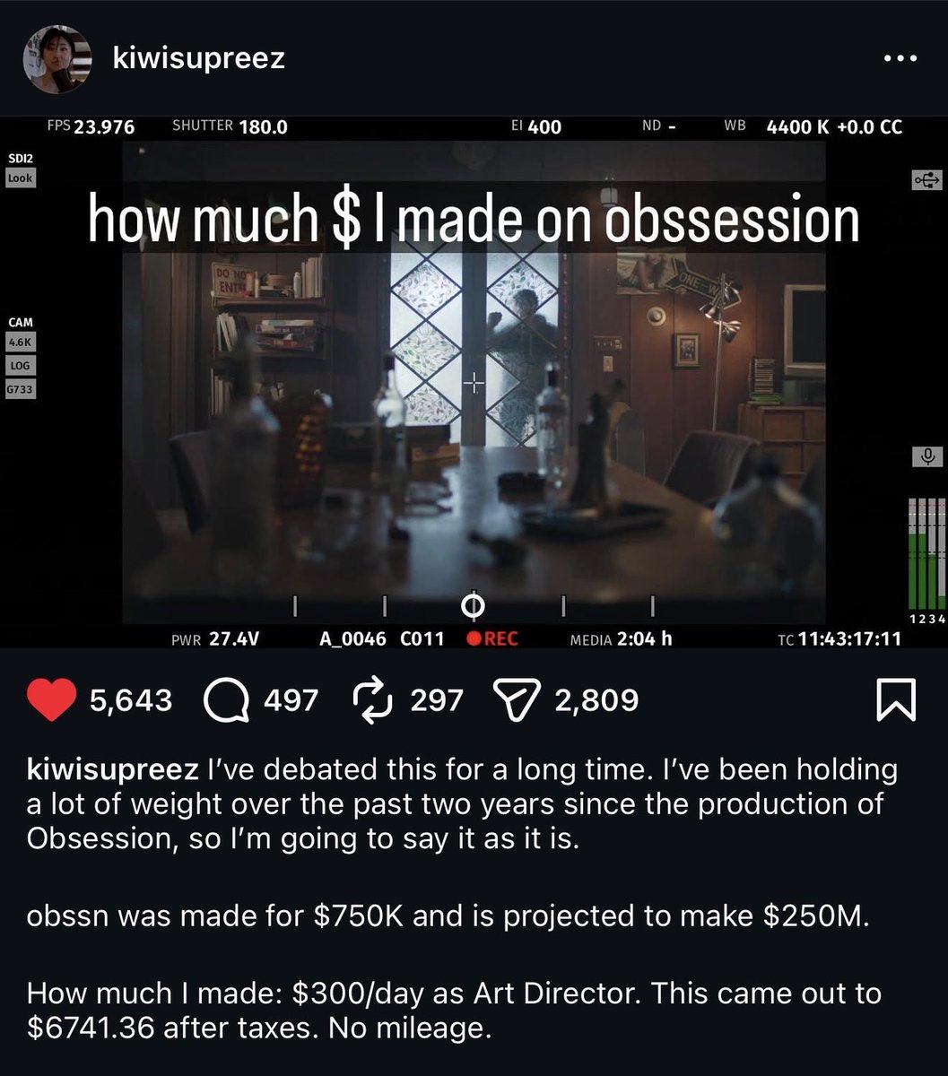 mattworkman's tweet photo. Art Director of Obsession made $6700 for the film for some scope context of how tiny that budget is 

AI film influencers make that with a quote retweet https://t.co/Pjwc3euHEG