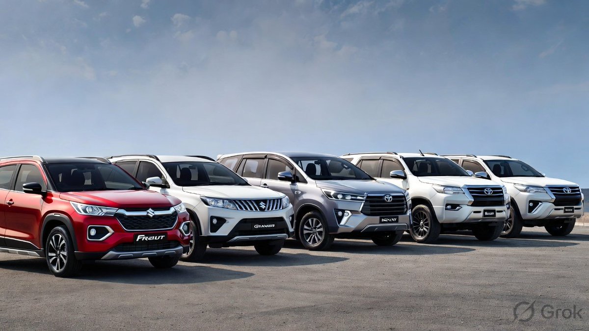 SanXTech's tweet photo. If I had to buy a car in these budget ranges:

₹1-10 Lakh → Maruti Fronx
₹10-20 Lakh → Maruti Grand Vitara
₹20-30 Lakh → Toyota Innova Crysta
₹30-40 Lakh → Toyota Hilux
₹40-50 Lakh → Toyota Fortuner 

What would you choose in these brackets? https://t.co/JZxa1IB08u