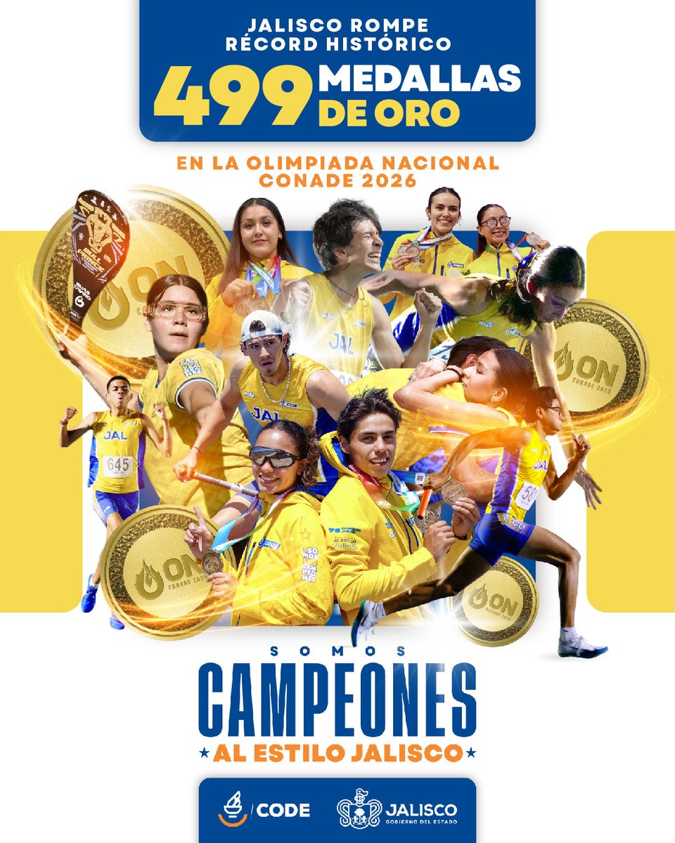 PabloLemusN's tweet photo. ¡Jalisco rompe récord histórico!

Con 499 medallas de oro, las y los atletas jaliscienses nos demuestran el gran talento de nuestra tierra. https://t.co/DursxsrjQE