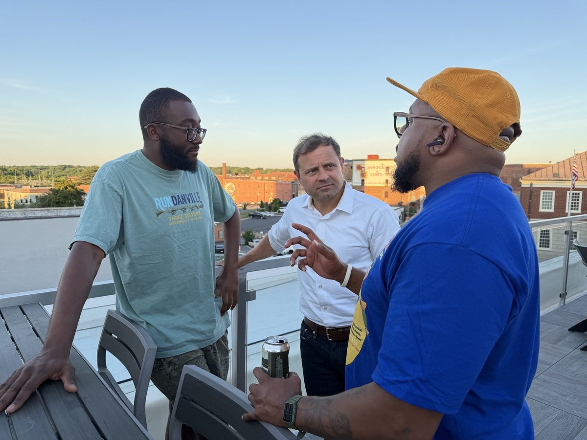 tomperriello's tweet photo. Best things in life are often unplanned! Ended a great day across four counties in Southside with a sunset over the Dan River, great live music on the rooftop of the Bee, and running into friends old and new. Don’t sleep on Danville 2026! https://t.co/bk0gBZYglD