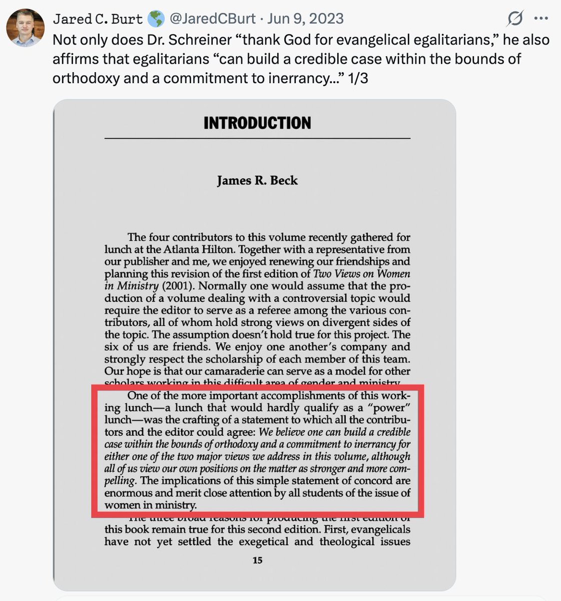 JaredCBurt's tweet photo. @JaminHubner @Wade_Burleson There is no slam-dunk case on either side.

One can make a credible case, within the bounds of orthodoxy and a commitment to inerrancy, for both egalitarianism &amp; complementarianism.

That’s what a leading complementarian scholar in the SBC affirms.

https://t.co/Hi3uJ7rWsy https://t.co/aCs8wpLKOX