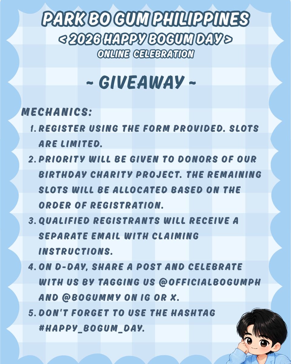 officialbogumph's tweet photo. [PBGPH BDAY PROJECT #2]

💙 2026 Happy Bogum Day Online Celebration 💙

As part of our upcoming birthday celebration for Park Bo Gum, we're giving away these items to Lifelong Friends across the Philippines!

Since not everyone can join an offline event, we decided to hold an online celebration so that fans from different parts of the country can participate and celebrate together.

Registration is now open!  We can't wait to celebrate Bogum's Birthday with all of you on June 16! 🩵

📌 Registration Form: https://t.co/GzUhDoHSDa

#ParkBoGum #박보검 #Bogummy