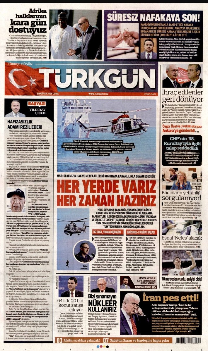 ucak09255's tweet photo. 5 HAZİRAN 2026 CUMA GÜNÜ
#TÜRKGÜN GAZETESİ https://t.co/INOrmu3BLa
