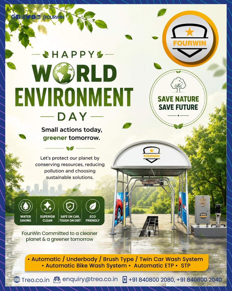 CarFourwin's tweet photo. At FourWin, we believe sustainability and innovation go hand in hand. Our car wash systems are designed to save water, reduce waste, and support a greener future—one wash at a time. 💧🚗

Together, let's drive towards a greener tomorrow.

#WorldEnvironmentDay #FourWin #SaveWater https://t.co/OGKuZphkz2
