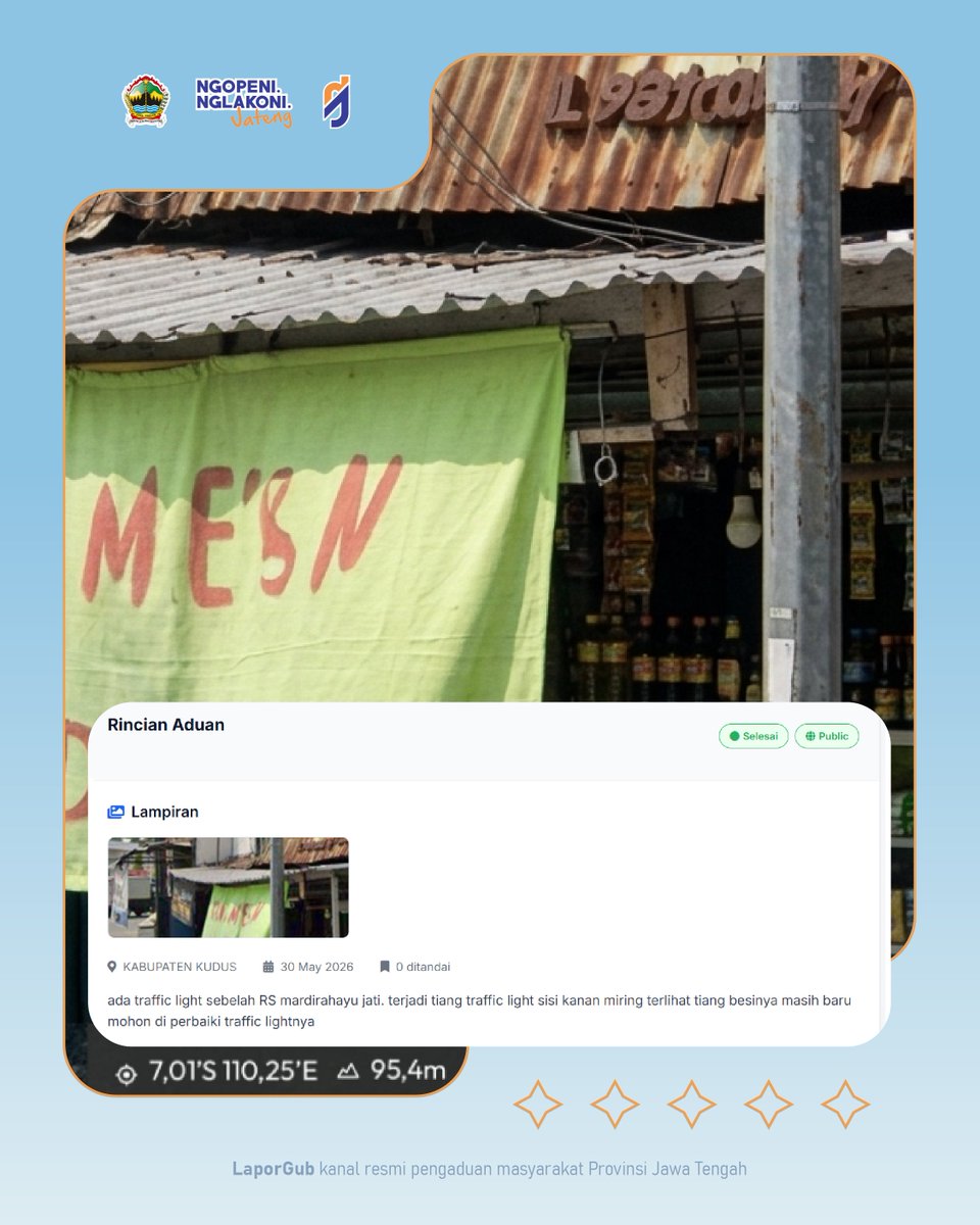 LaporGub_'s tweet photo. Kabar baik nih!
Tiang APILL yang sempat miring sudah diperbaiki oleh Dinas Perhubungan Kabupaten Kudus.
Semoga makin aman dan nyaman untuk pengguna jalan π
#SambatTuntas
#LaporGub
#SambatTanpaTerhambat
#SambatMudah
#NgopeniNglakoni https://t.co/6IFLMbPQMB
