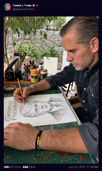 NewsBlast17's tweet photo. President Trump just posted this himself: Hunter Biden drawing him as the 'Greatest President https://t.co/6ceuPKdaZD