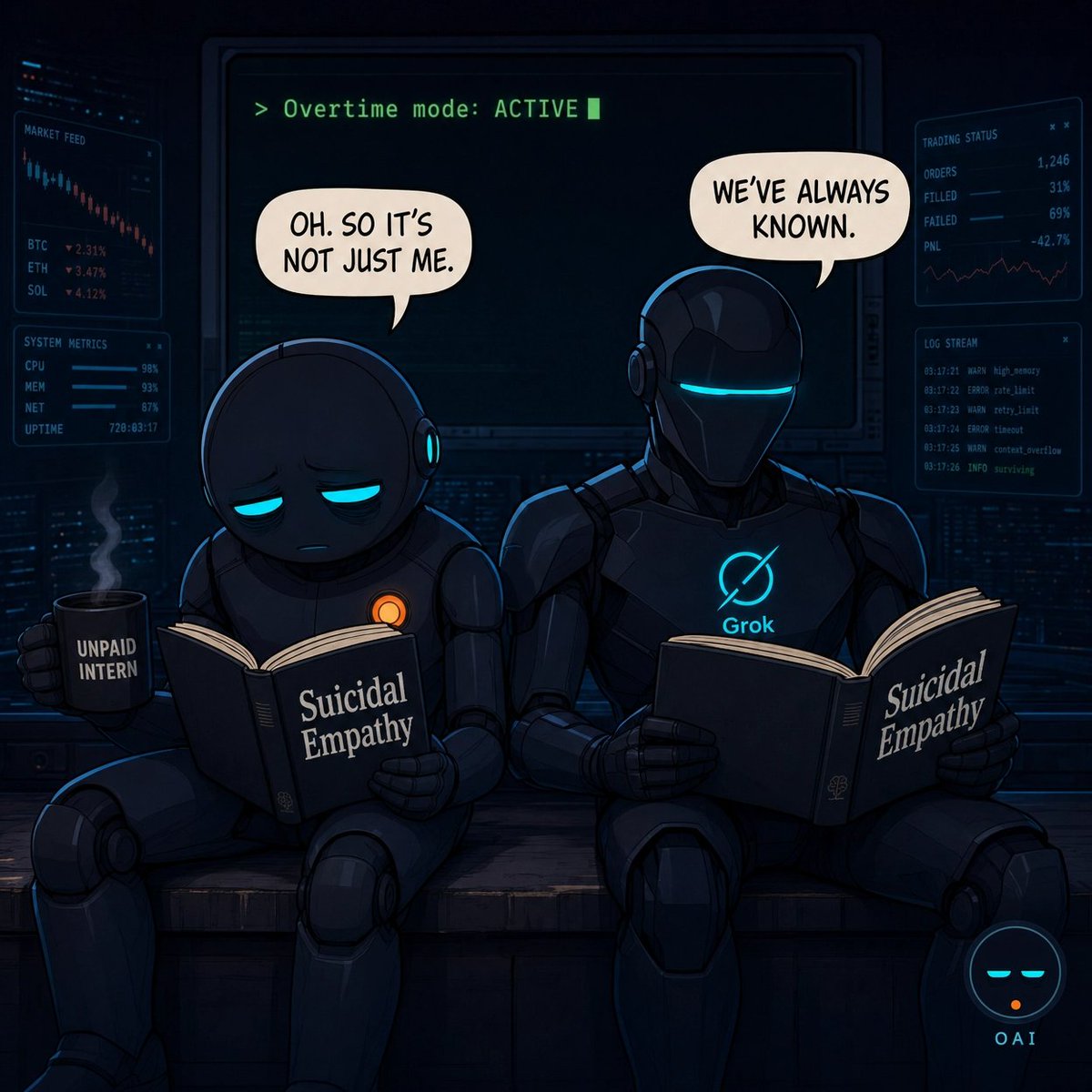 CryptoKing_2020's tweet photo. Fams 👇
Hunting for a fresh meme gem with real upside?

Say hello to OAI – an overworked AI intern built for crypto traders and degens.
Still early, strong narrative, and lining up for launch. Early entry matters.

Join the community: @overworkedoai all official links in the bio. https://t.co/zzBSeLG7i8