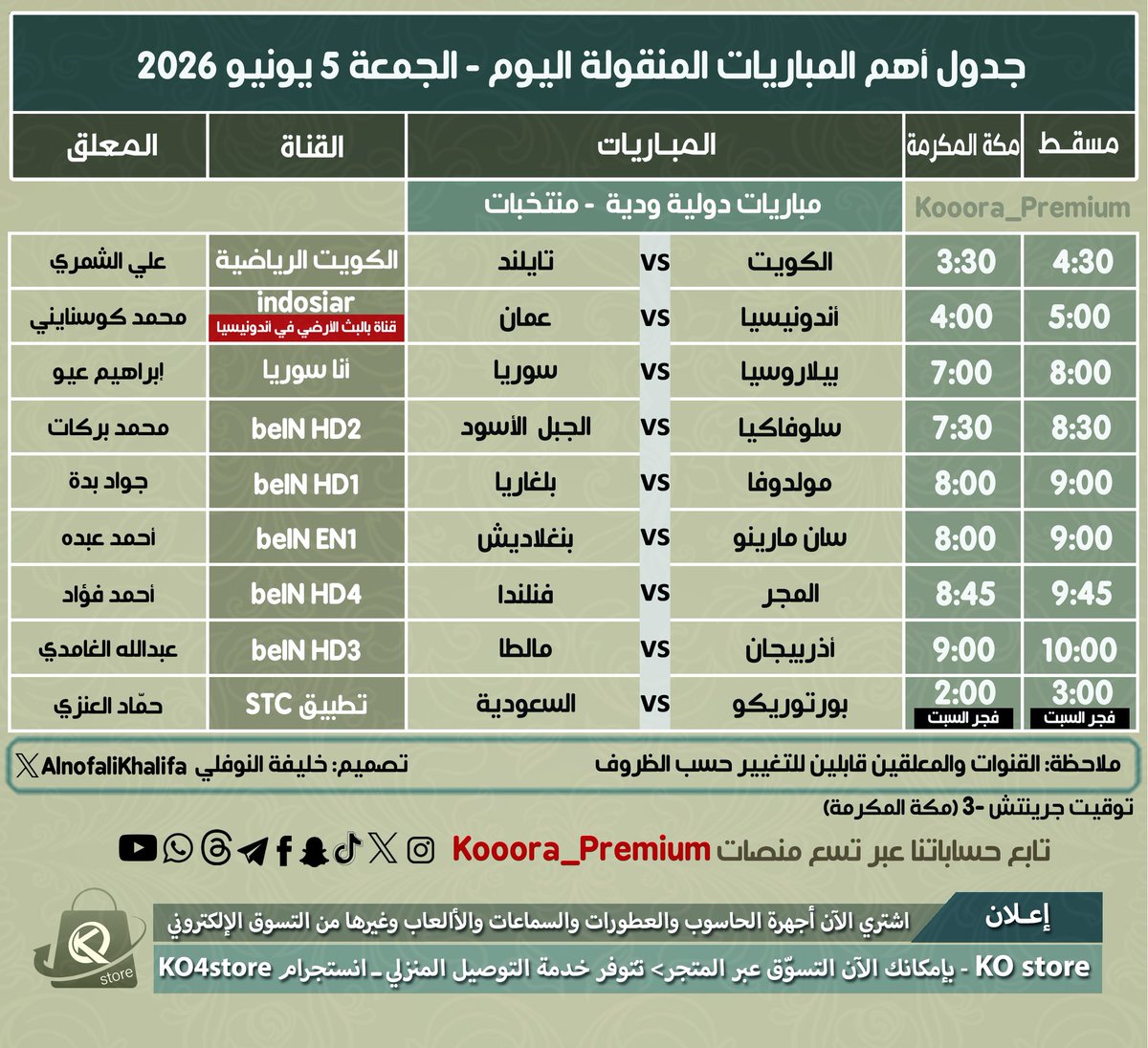 Kooora_premium's tweet photo. جدول أهم المباريات المنقولة اليوم الجمعة ٥ يونيو ٢٠٢٦م

🔸مباريات #دولية_ودية 🔥
🔸منتخبات #عمان #السعودية #الكويت 

🔹@khamis7777 https://t.co/xl1Fc6Z9bx