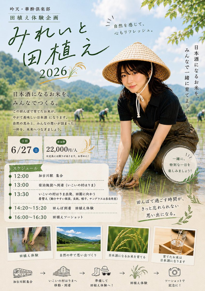 mirei_hoshi7's tweet photo. みれいと田植え2026 開催決定🌾🍶
\日本酒になるお米をみんなで田植え/

大阪ライブ翌日…6/27兵庫県加古川市にて
※人数定員がかなり限られております！
https://t.co/82Nma1wjvI

#星名美怜 #田植えイベント https://t.co/TvjBB17RA9