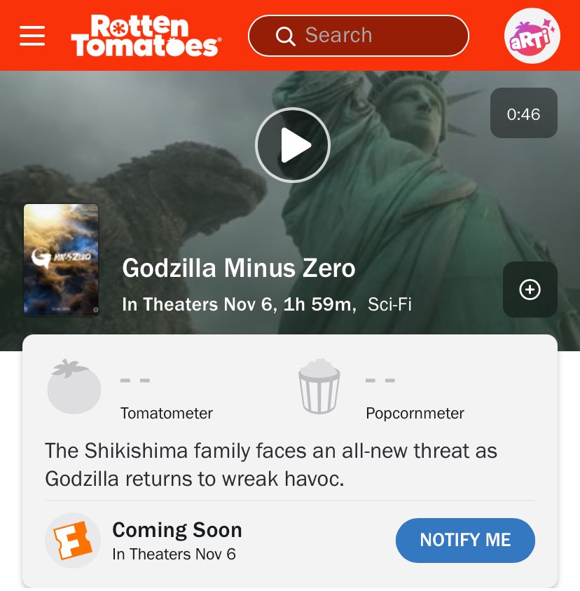 Mr_goji54's tweet photo. 🚨 Rotten Tomatoes has seemingly confirmed the runtime for ‘Godzilla Minus Zero’ being 1h 59m (119 minutes) long. https://t.co/G53dQZQ4Cy