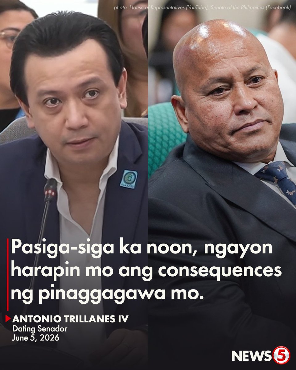 News5PH's tweet photo. ‘MAGPAKALALAKI KA NAMAN’

Muling hinamon ni dating senador Antonio Trillanes IV si Sen. Bato dela Rosa na lumabas at harapin ang arrest warrant laban sa kaniya na inisyu ng International Criminal Court (ICC).

Matatandaang umalis ang senador sa protective custody ng Senado noong May 14.

Kasalukuyang pinaghahanap si Sen. dela Rosa kasunod ng utos ng Department of Justice (DOJ) sa law enforcement agencies na arestuhin siya.