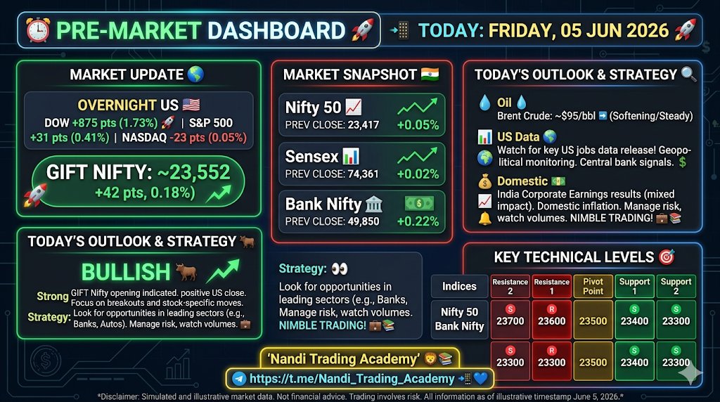 Nandi_Trading's tweet photo. 🚀 #Nifty DASHBOARD - JUNE 5, 2026 📈

🇮🇳 MARKET SNAPSHOT (Prev Close)
👉 Nifty 50: 23,417 (+0.05%)
👉 Sensex: 74,361 (+0.02%)
👉 Bank Nifty: 49,850 (+0.22%)

⚡ PRE-MARKET INDICATOR

🎯 KEY TECHNICAL LEVELS
📍 Nifty Resistance: 23,500 / 23,600
📍 Nifty Support: 23,400 / 23,300 https://t.co/Vt9zIzRUXp