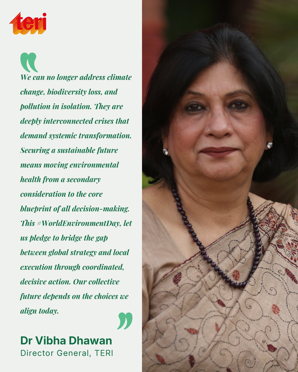 DrVibhaDhawan's tweet photo. Climate change, biodiversity loss, and pollution demand systemic transformation. This #WorldEnvironmentDay, my message is clear: environmental health must move to the core blueprint of all decision-making.
@teriin 
#ClimateAction #Sustainability #ActNow #ClimateGoals #GoGreen https://t.co/E4H3eHMDFm