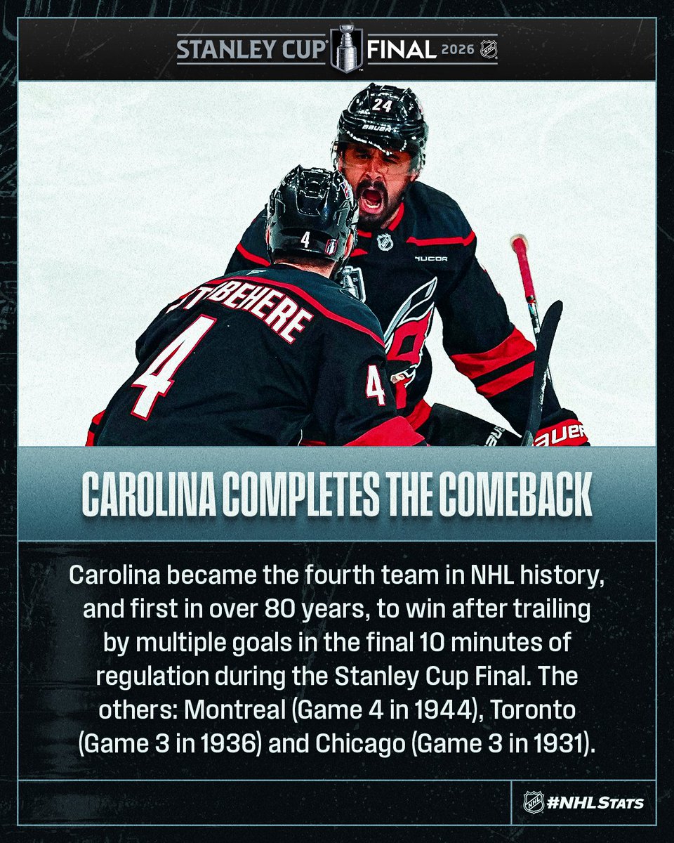 NHLPR's tweet photo. Seth Jarvis secured the @Canes' comeback victory, and for the first time in #StanleyCup Final history, the series has started with back-to-back multi-goal comeback wins by both teams.

#NHLStats: https://t.co/sGJPKIYyDA https://t.co/wQdGy29Fu0