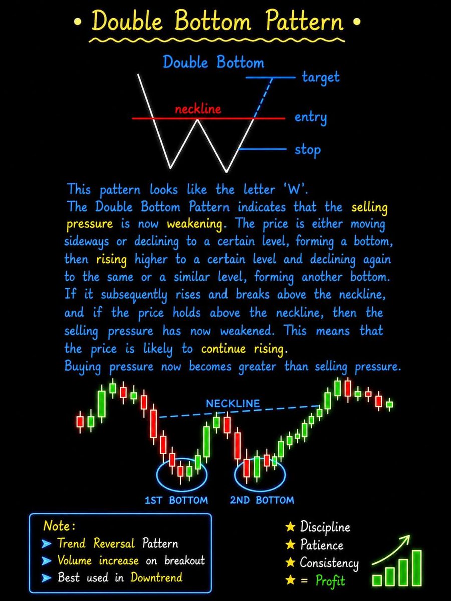 studybitcoins's tweet photo. 💡 Double Bottom Pattern – A strong bullish reversal signal that suggests sellers are losing control and buyers are stepping in. 🚀

✅ Key Elements: 🔹 First Bottom – Support holds

🔹 Second Bottom – Seller weakness confirmed

🔹 Neckline Breakout – Bullish entry signal https://t.co/jjX08shxjV