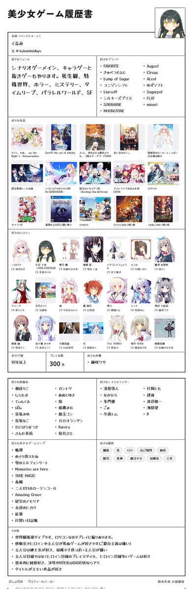 kulumimidays's tweet photo. #美少女ゲーム履歴書
前のは見づらかったので修正したのと、枠が増えてたので増やしました！ https://t.co/nUo6ArVkxL