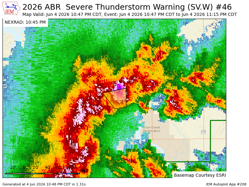 shawncable's tweet photo. ABR issues Severe Thunderstorm Warning [wind: <50 MPH (RADAR INDICATED), hail: 1.00 IN (RADAR INDICATED)] for Hughes [SD] till 11:15 PM CDT https://t.co/GUVm0vGXks https://t.co/l4s0aBMsNR