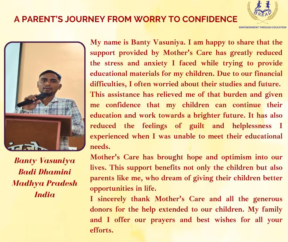 breadnoida's tweet photo. The true impact of Mother’s Care is felt not only by the children we support but also by their families. 💙 This testimony is a heartfelt reminder of the hope and confidence that education brings. https://t.co/CnqS9oNZdS