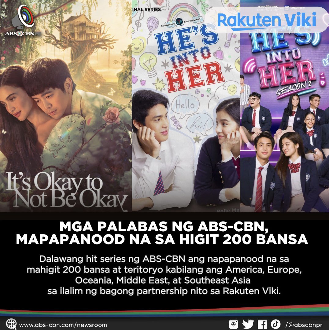 ABSCBNpr's tweet photo. Patuloy na lumalapit ang kwentong hatid ng ABS-CBN sa global audiences 🌎Available na sa higit 200 bansa via Rakuten Viki ang “It’s Okay to Not Be Okay” nina Anne Curtis, Joshua Garcia, at Carlo Aquino, pati ang hit DonBelle series na “He’s Into Her." https://t.co/aymV31mt4H