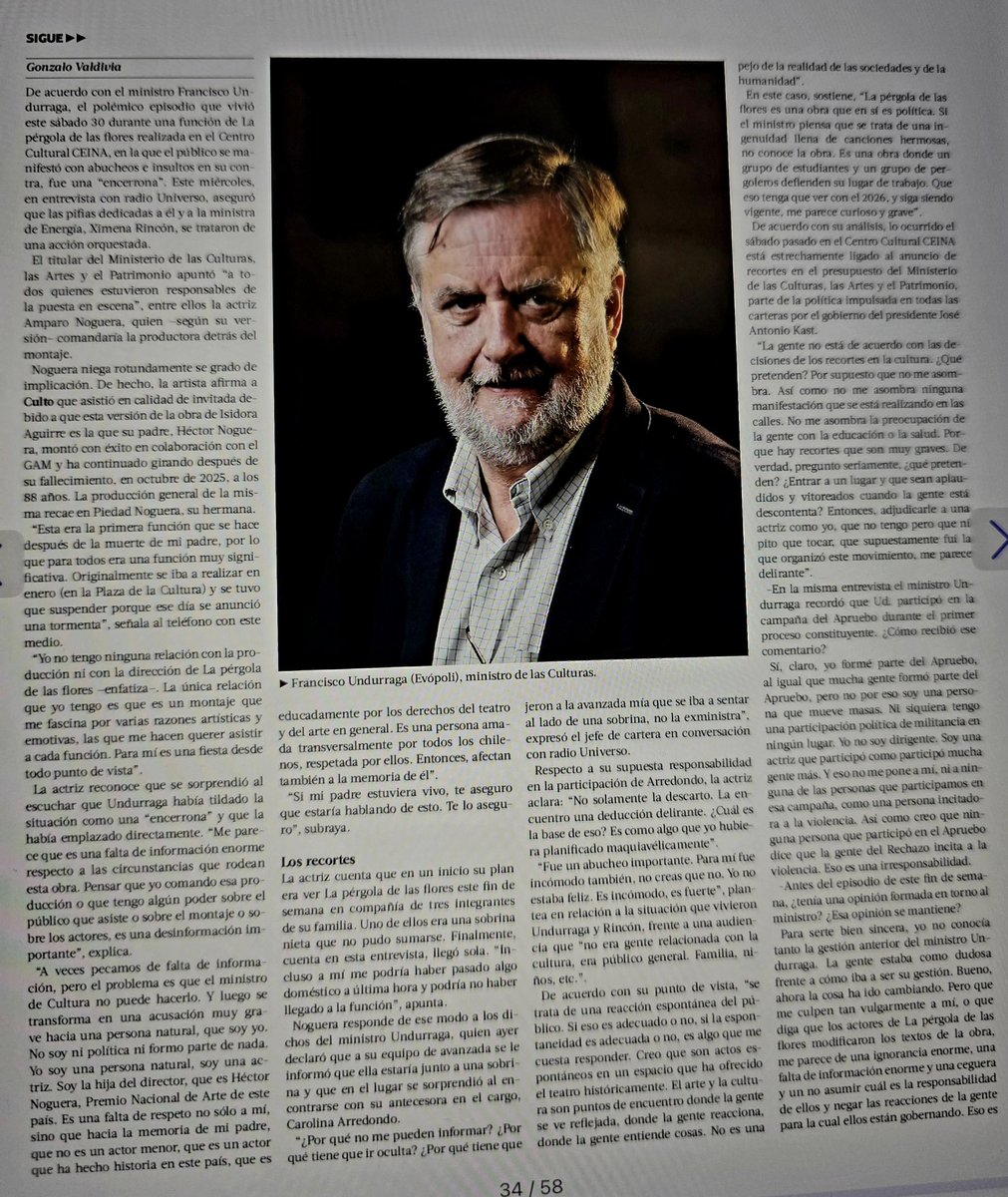 cleporati's tweet photo. Tememos un ministro de cultura "delirante", afirma Amparo Noguera por las acusaciones q le hizo Undurraga, y sobre lo cual discrepo.
El ministro es extremadamente consciente de lo q dice y hace, aparte de conservador en lo valórico y saber de cultura lo q cualquier ciudadano promedio sabe. Solo está en el cargo q está por q Evopoli apoyó la candidatura de Kast, no tiene ni méritos ni perfil para liderar la cartera que se le asignó.
