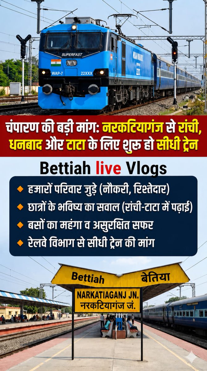 RailVoiceNKE's tweet photo. नरकटियागंज जंक्शन से रांची , धनबाद एवं टाटा के लिए  ट्रेन शीघ्र शुरू की जाए। चंपारण से हजारों लोग नौकरी ,पढ़ाई एवं पर्यटन हेतु प्रतिदिन यात्रा करते हैं। नई ट्रेन सेवा से बड़ी सुविधा मिलेगी।@spjdivn @RailMinIndia @GM_ECRly @srdcmspj @satishdubeyy 
@AshwiniVaishnaw @ECRlyHJP https://t.co/JGbtCjRj7Q